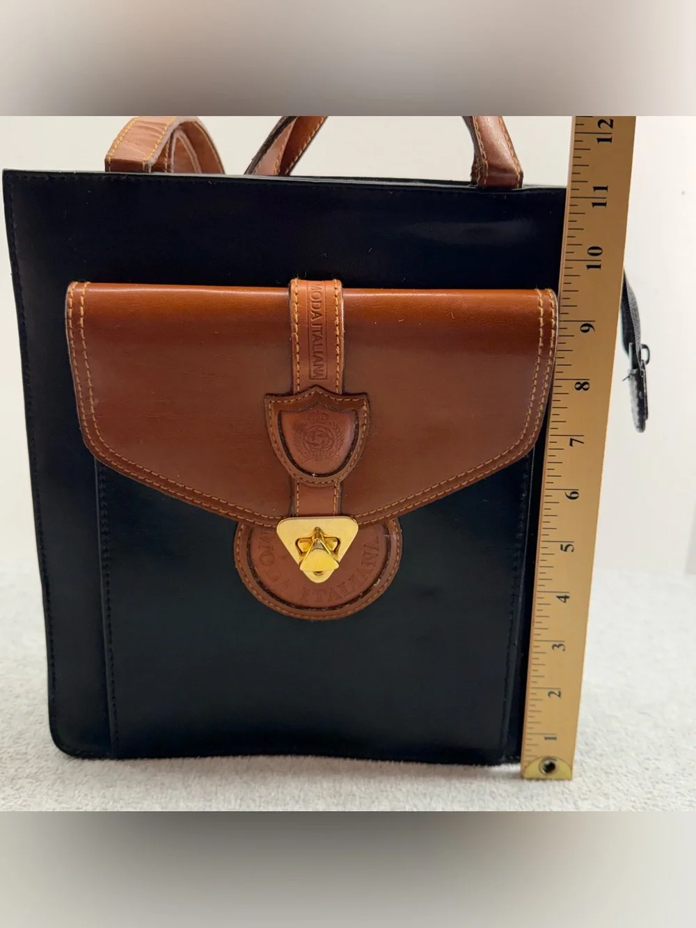 Moda Italiana Two Tone Leather Trim Purse Bag Brown Black Gold Tone Closure